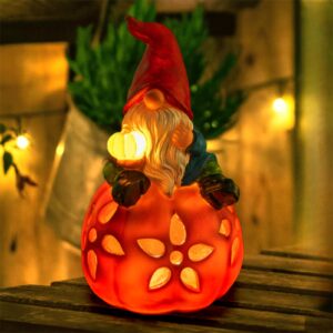 wondhome solar gnome statues spring decor pumpkin gnomes with led lights christams gardening gifts for women mom, yard art sculpture for patio yard lawn, pumpkin gnome