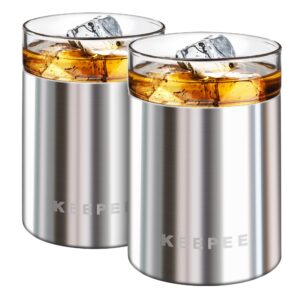 keepee whiskey glasses set of 2 - vacuum insulated tumbler with removable glass insert - insulated cocktail glass - old fashioned lowball glass for margaritas, bourbon, wine, 10oz (stainless steel)