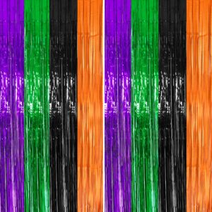 2 packs 3.3ft x 8.2ft halloween purple green black orange tinsel foil fringe curtains, metallic foil curtains for home outdoor halloween party photo booth props decorations