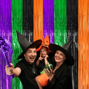 2 Packs 3.3ft x 8.2ft Halloween Purple Green Black Orange Tinsel Foil Fringe Curtains, Metallic Foil Curtains for Home Outdoor Halloween Party Photo Booth Props Decorations