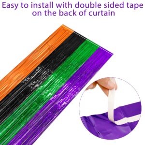 2 Packs 3.3ft x 8.2ft Halloween Purple Green Black Orange Tinsel Foil Fringe Curtains, Metallic Foil Curtains for Home Outdoor Halloween Party Photo Booth Props Decorations