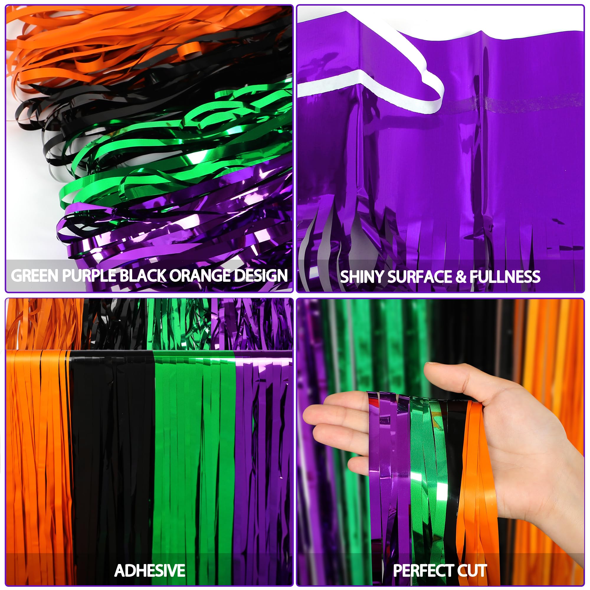 2 Packs 3.3ft x 8.2ft Halloween Purple Green Black Orange Tinsel Foil Fringe Curtains, Metallic Foil Curtains for Home Outdoor Halloween Party Photo Booth Props Decorations