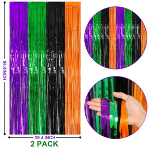 2 Packs 3.3ft x 8.2ft Halloween Purple Green Black Orange Tinsel Foil Fringe Curtains, Metallic Foil Curtains for Home Outdoor Halloween Party Photo Booth Props Decorations