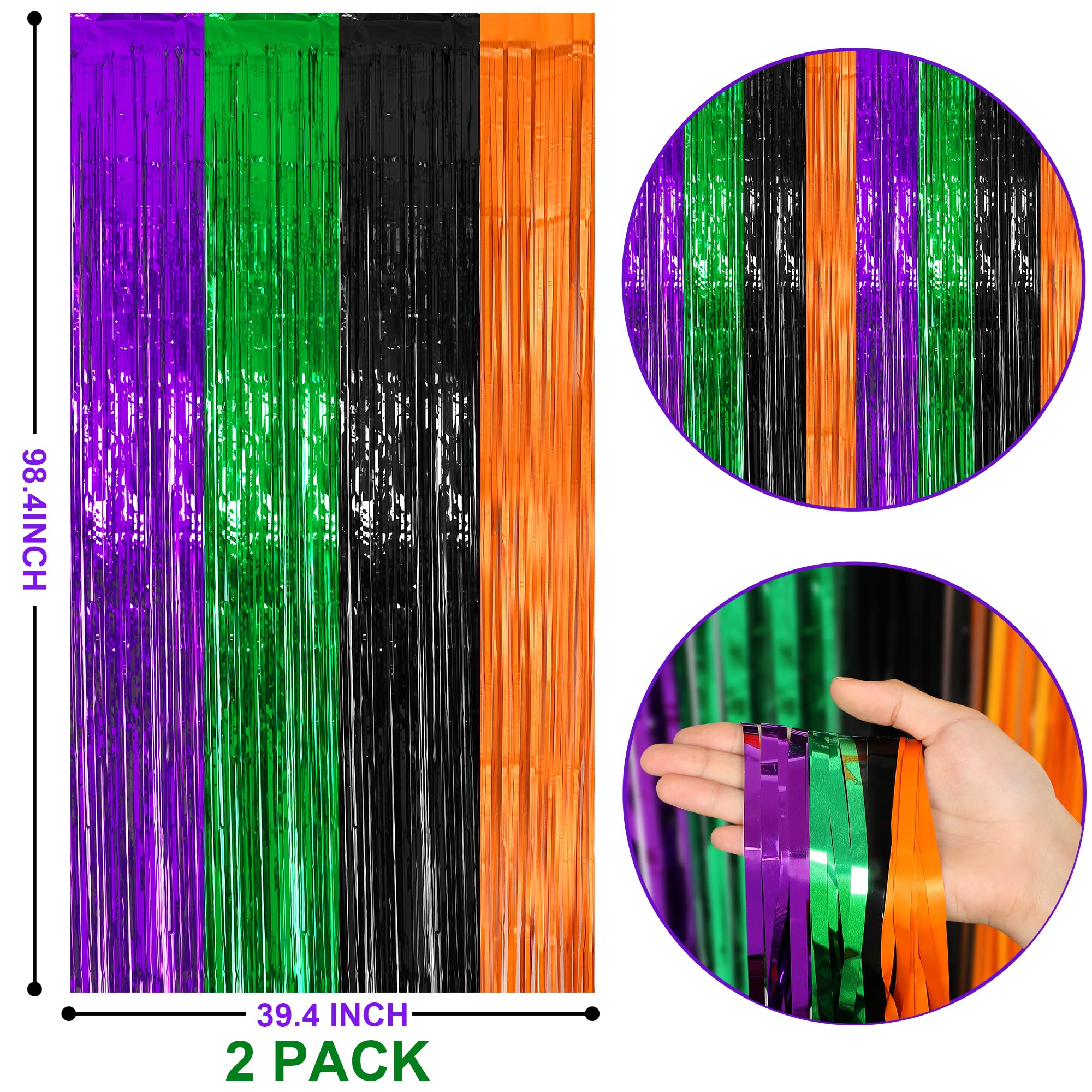 2 Packs 3.3ft x 8.2ft Halloween Purple Green Black Orange Tinsel Foil Fringe Curtains, Metallic Foil Curtains for Home Outdoor Halloween Party Photo Booth Props Decorations