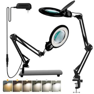 10x magnifying glass with light and stand, kirkas 2-in-1 any color modes & stepless dimming magnifying lamp with clamp, real glass lens led magnifier lamp for reading, repair, hobby, close work-black