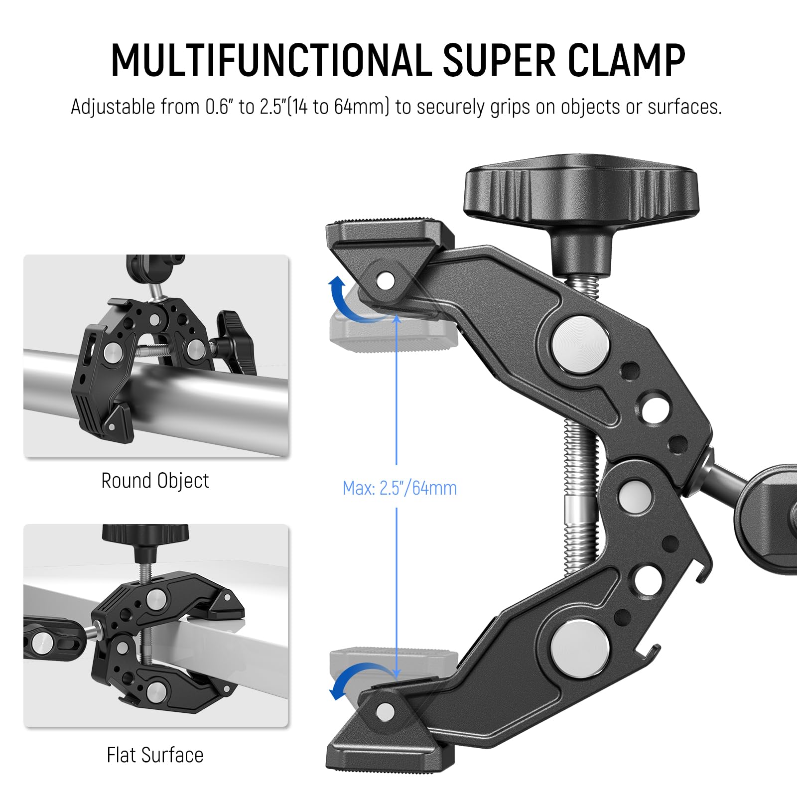 NEEWER Super Clamp with 3" Dual Ballhead Magic Arm, Cold Shoe, 1/4" Threads, Phone/Action Camera Mount Adapter for Desk Tripod Tube Crossbar Gimbal Rods Compatible with SmallRig GoPro DJI, ST83