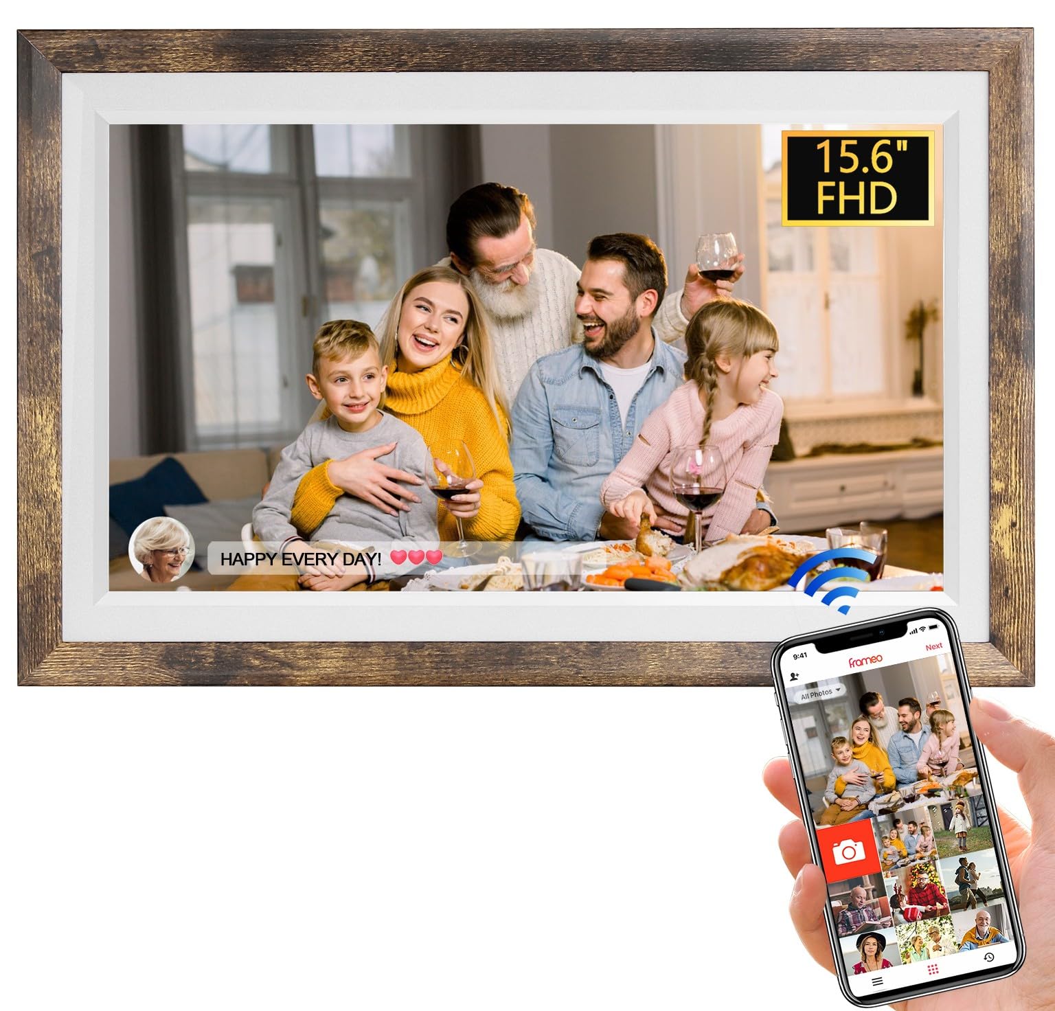 FRAMEO 15.6'' WiFi Digital Picture Frames 32GB Smart Touch Screen Digital Photo Frame 1920 * 1080 IPS FHD Large Digital Picture Frame Share Photos and Videos Anytime, Anywhere with The FRAMEO app