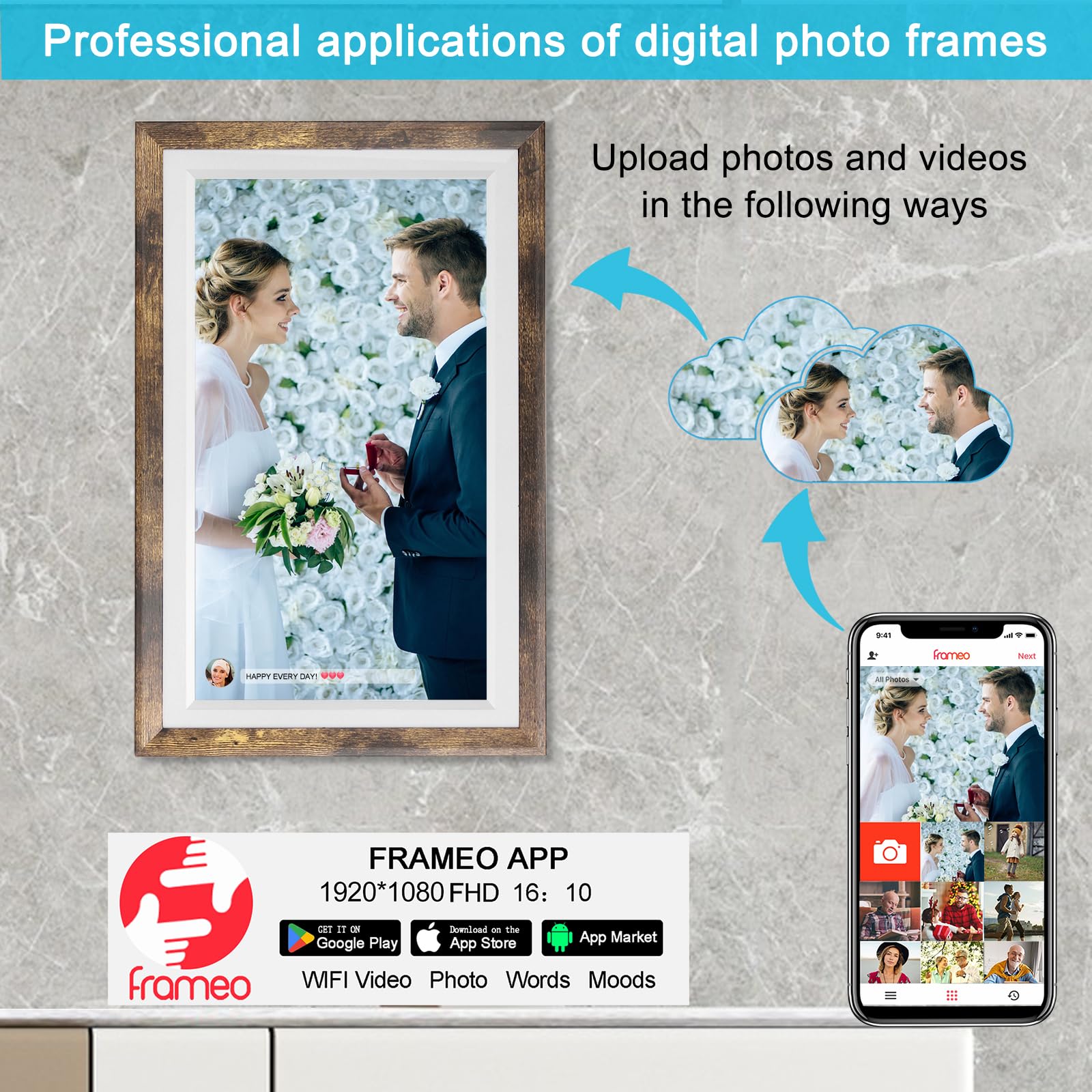 FRAMEO 15.6'' WiFi Digital Picture Frames 32GB Smart Touch Screen Digital Photo Frame 1920 * 1080 IPS FHD Large Digital Picture Frame Share Photos and Videos Anytime, Anywhere with The FRAMEO app