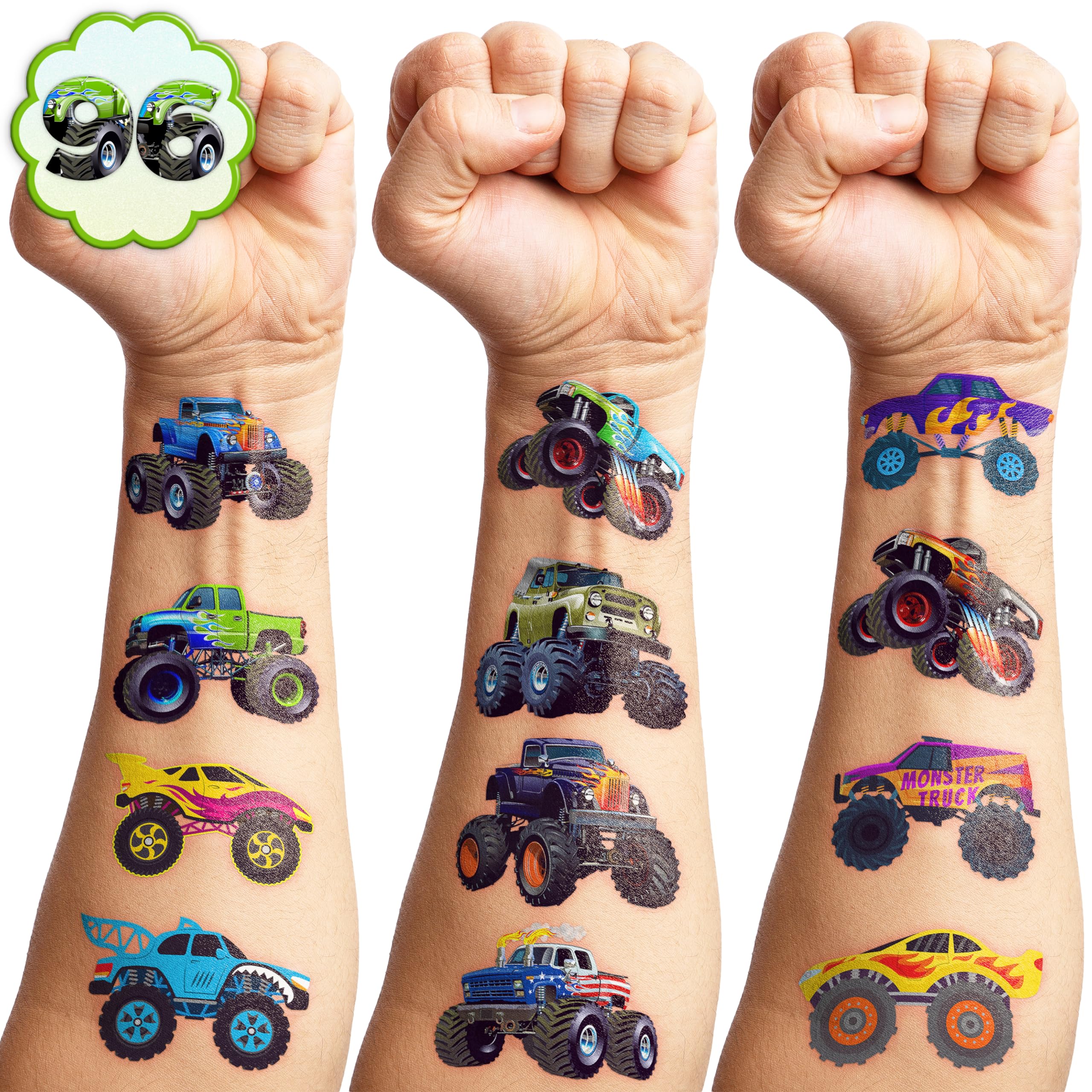 Monster Truck Temporary Tattoos for Kids | Birthday Party Supplies Favors Super Cute Fake 96PCS Tattoos Stickers Party Decorations Boys Girls School Rewards Gifts