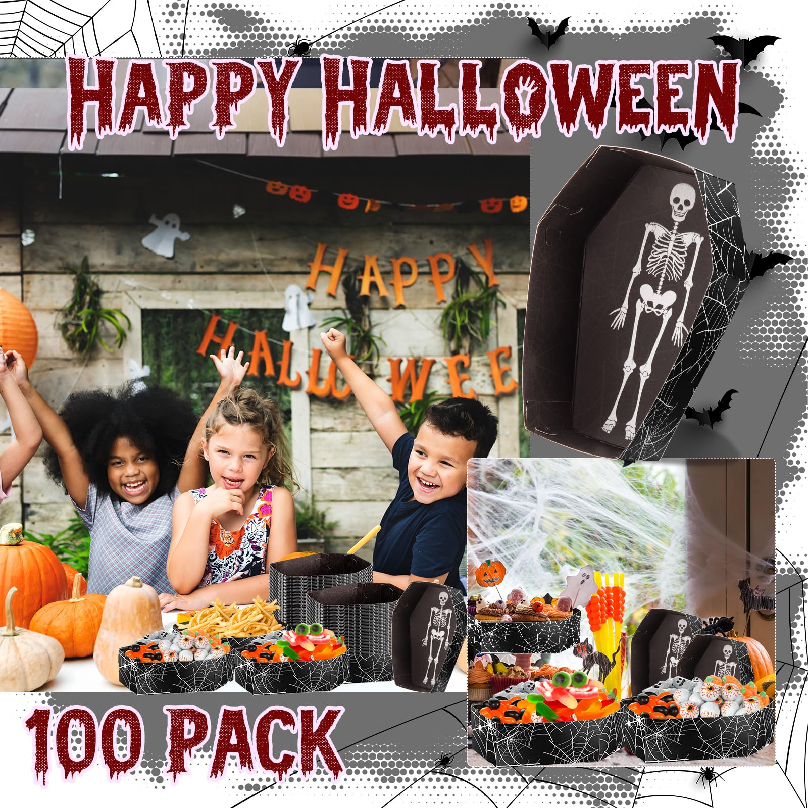 Tenceur 100 Pieces Halloween Coffin Snack Trays Halloween Party Food Supplies Coffin Boxes for Treats for Halloween Storage Charcuterie Board Serving Supplies