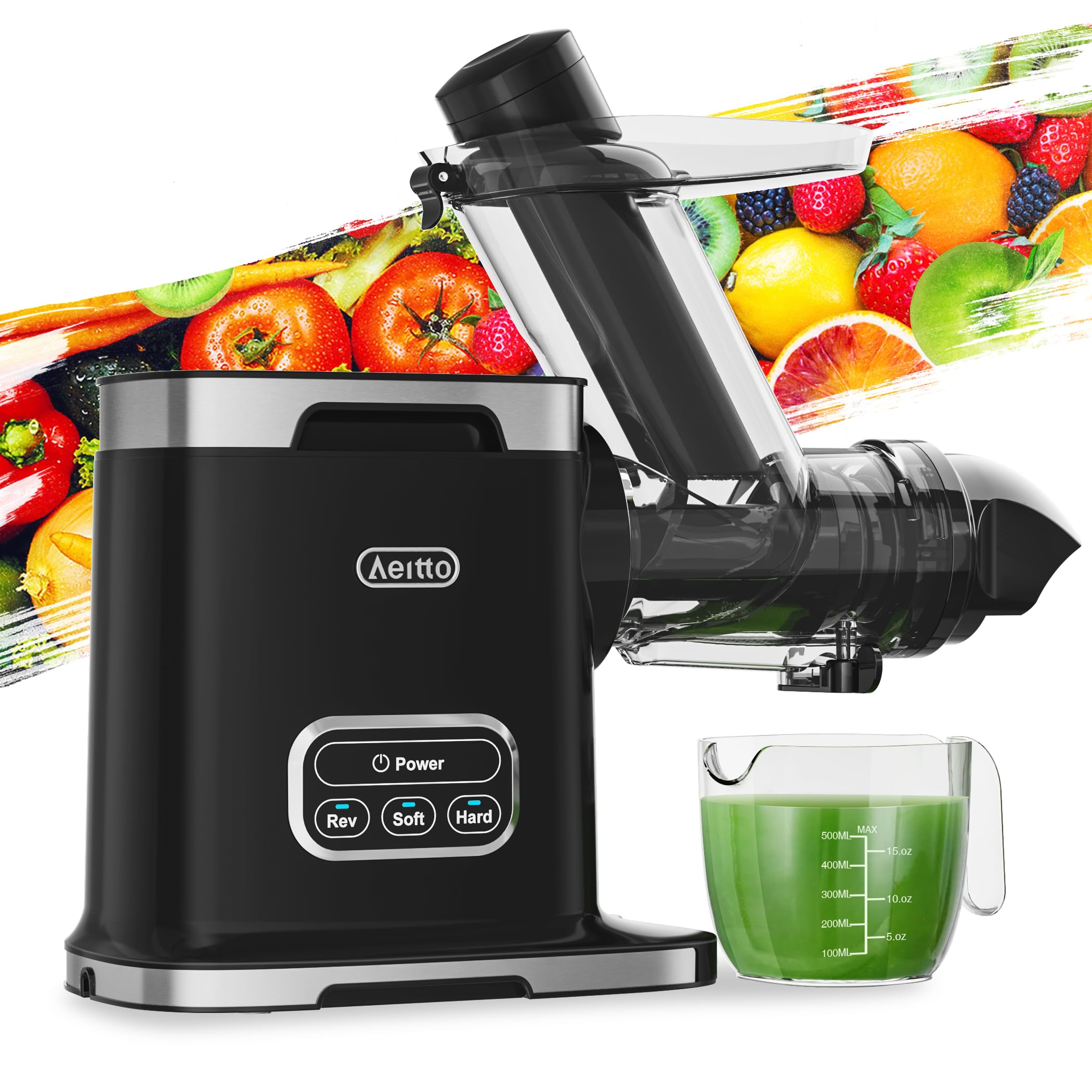 Aeitto Cold Press Juicer Machines, 3.6 Inch Wide Chute, Large Capacity, High Juice Yield, 2 Masticating Juicer Modes, Easy to Clean Slow Juicer for Vegetable and Fruit (Black)