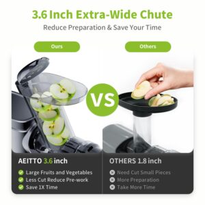 Aeitto Cold Press Juicer Machines, 3.6 Inch Wide Chute, Large Capacity, High Juice Yield, 2 Masticating Juicer Modes, Easy to Clean Slow Juicer for Vegetable and Fruit (Black)