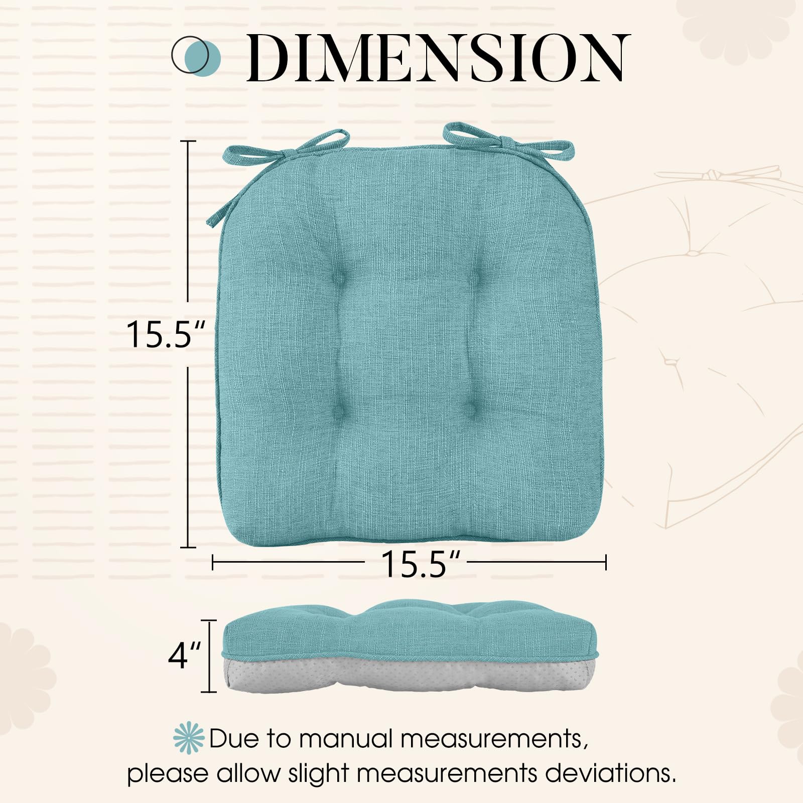 Basic Beyond Chair Cushions for Dining Chairs 4 Pack, Memory Foam Chair Cushion with Ties and Non Slip Backing, 15.5 x 15.5 inches Tufted Chair Pads for Dining Chairs(Aqua Blue)