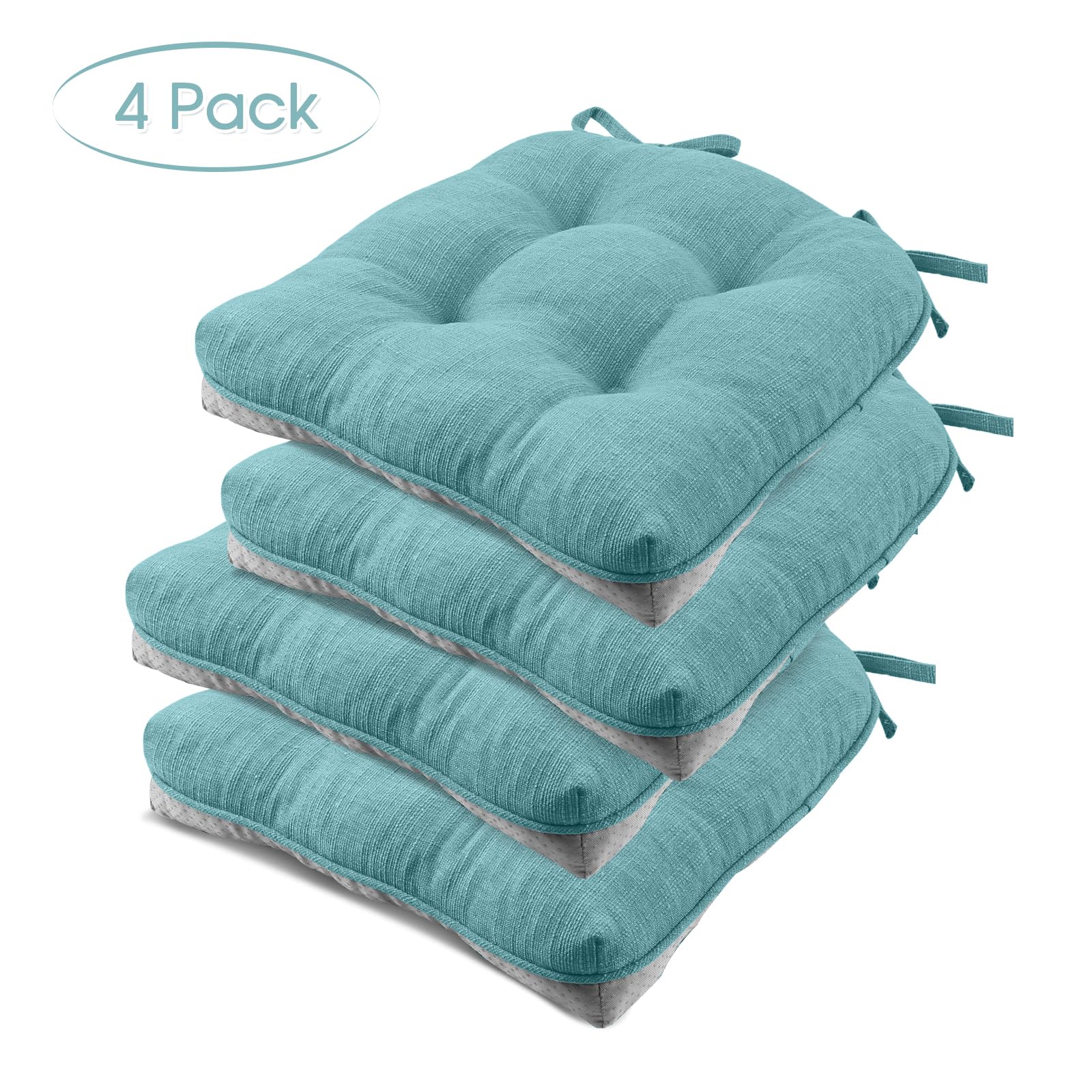 Basic Beyond Chair Cushions for Dining Chairs 4 Pack, Memory Foam Chair Cushion with Ties and Non Slip Backing, 15.5 x 15.5 inches Tufted Chair Pads for Dining Chairs(Aqua Blue)