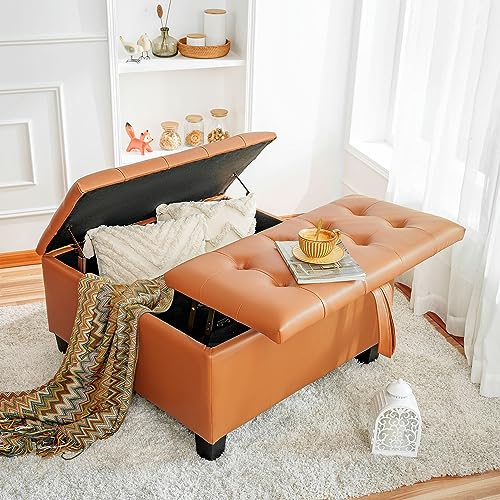 Ciara 35-Inch Air Leather Tufted Upholstered Lift-Top Ottoman Cube Bench, Large Square Storage Coffee Table for Dorm Room, Toy Box, Footrest Stool, Caramel Ottoman with Spacious Interior Compartment