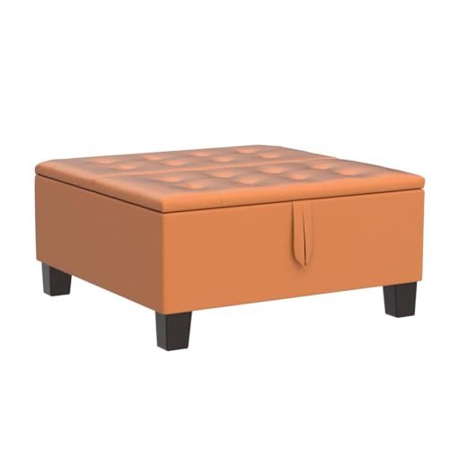 Ciara 35-Inch Air Leather Tufted Upholstered Lift-Top Ottoman Cube Bench, Large Square Storage Coffee Table for Dorm Room, Toy Box, Footrest Stool, Caramel Ottoman with Spacious Interior Compartment