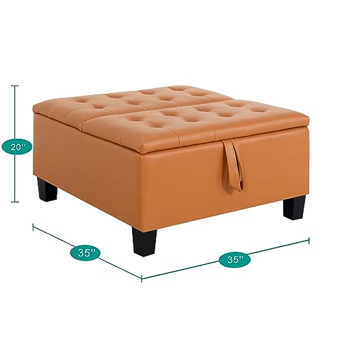 Ciara 35-Inch Air Leather Tufted Upholstered Lift-Top Ottoman Cube Bench, Large Square Storage Coffee Table for Dorm Room, Toy Box, Footrest Stool, Caramel Ottoman with Spacious Interior Compartment