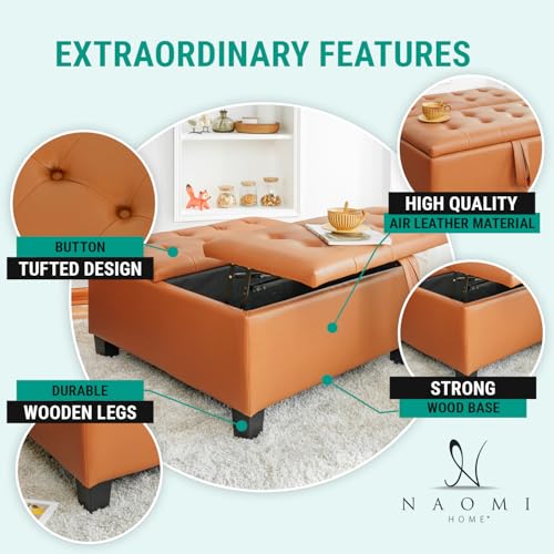 Ciara 35-Inch Air Leather Tufted Upholstered Lift-Top Ottoman Cube Bench, Large Square Storage Coffee Table for Dorm Room, Toy Box, Footrest Stool, Caramel Ottoman with Spacious Interior Compartment
