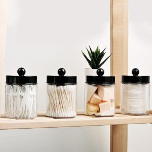 Apothecary Jars Bathroom Vanity Storage Organizer Set -Countertop Canister Plastic Acrylic Jar - Farmhouse Decor Qtip Holder for Cotton Swabs,Makeup Sponges,Flossers ,Paper Clips-Black (4)