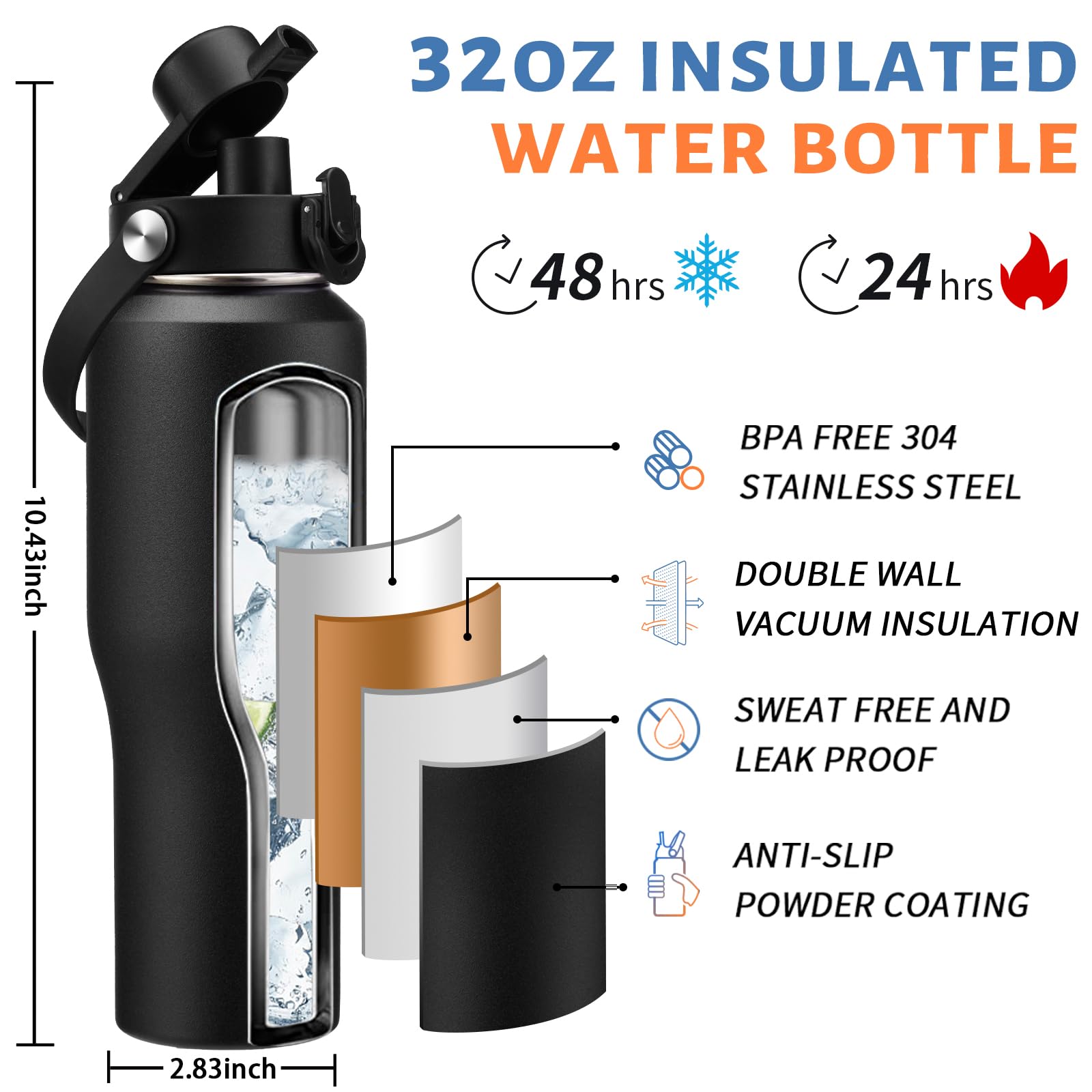 32oz Tumblers Insulated Water Bottle - Fits Car Cup Holder, Cold 48H Hot 24H, Leakproof Stainless Steel Water Bottles with Straw & Pop-up Spout Lid, Paracord Handle, Bottle Holder Bag & Flask Boot