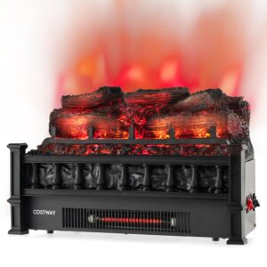 costway eternal flame electric fireplace log, 20-inch fireplace insert log heater with realistic pinewood ember bed, adjustable temperature, infrared electric fireplace log for home decor, black 1500w