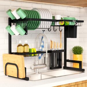 kitsure over the sink dish drying rack - 23.6" to 35"x21.2", adjustable sink drying rack for kitchen sink with large capacity, 2-tier dish rack over sink with multifunctional baskets,black