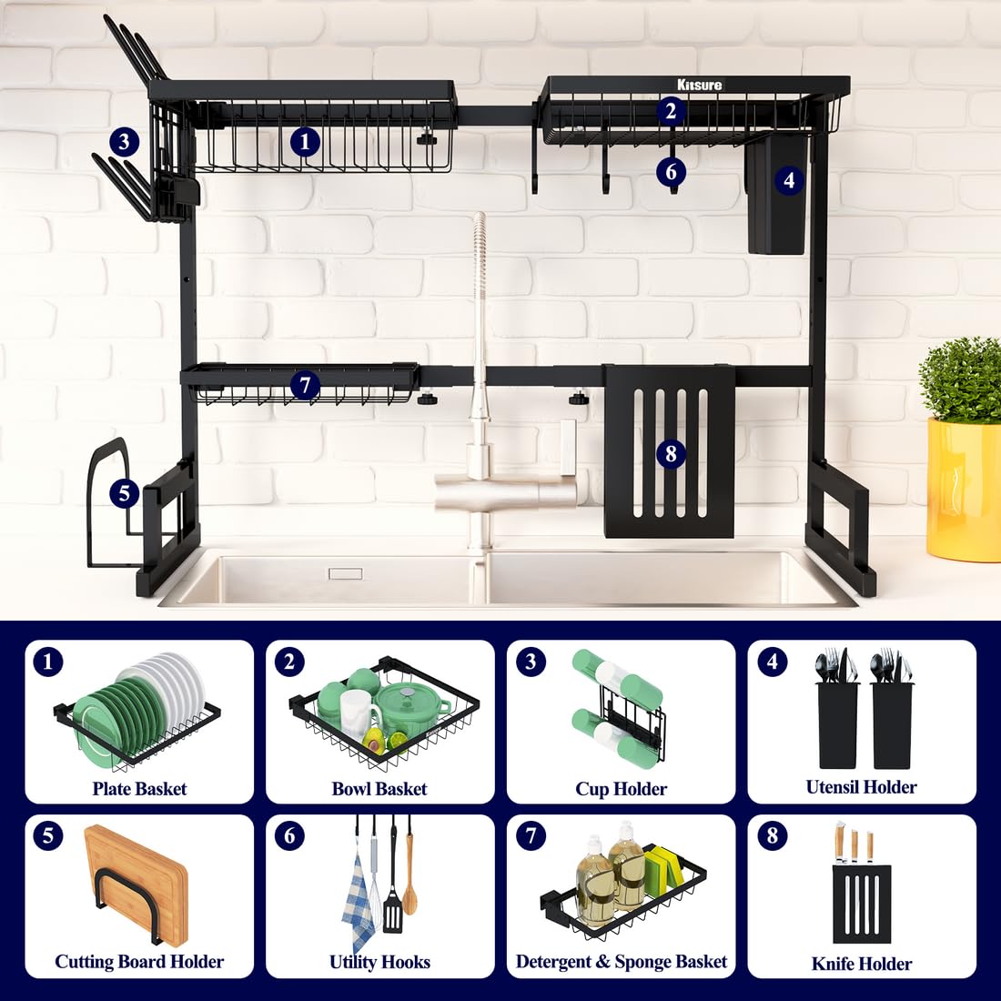 Kitsure Over The Sink Dish Drying Rack - 23.6" to 35"x21.2", Adjustable Sink Drying Rack for Kitchen Sink with Large Capacity, 2-Tier Dish Rack Over Sink with Multifunctional Baskets,Black