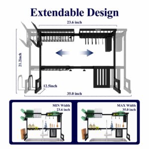 Kitsure Over The Sink Dish Drying Rack - 23.6" to 35"x21.2", Adjustable Sink Drying Rack for Kitchen Sink with Large Capacity, 2-Tier Dish Rack Over Sink with Multifunctional Baskets,Black