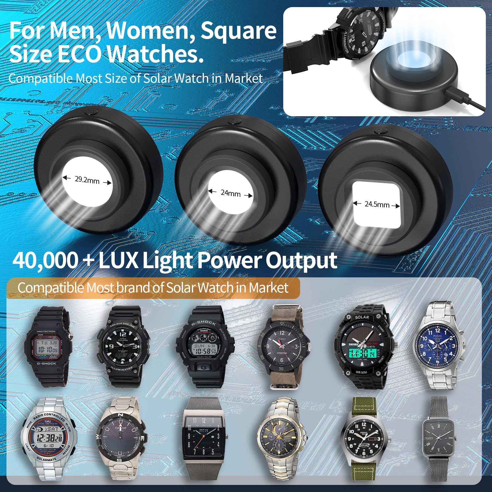 ECEEN Solar Watch Charger, 8 Hours Timing Off with Men, Women & Square 3 Caps, LED UV Light Charge Eco Driver Watches Compatible Casio/Tough/Protrek/Seiko/Citizen/Garmin/Timex/Bering/FANMIS (Black)