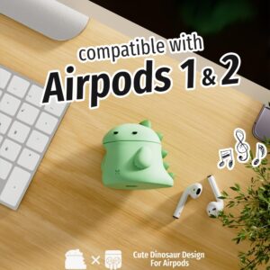 ELETIUO Case Compatible with Apple Airpods 1st&2nd Generation, Unique Soft Silicone Skin Charging Case Cartoon Cute Dinosaur Design Protective Cover for Girls Kids and Women Men,Green