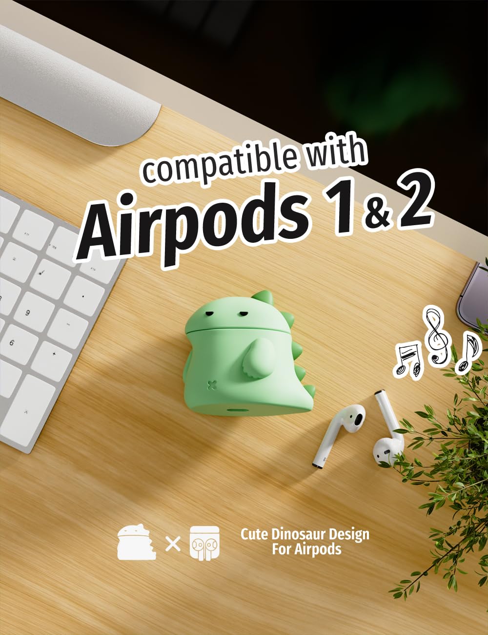 ELETIUO Case Compatible with Apple Airpods 1st&2nd Generation, Unique Soft Silicone Skin Charging Case Cartoon Cute Dinosaur Design Protective Cover for Girls Kids and Women Men,Green