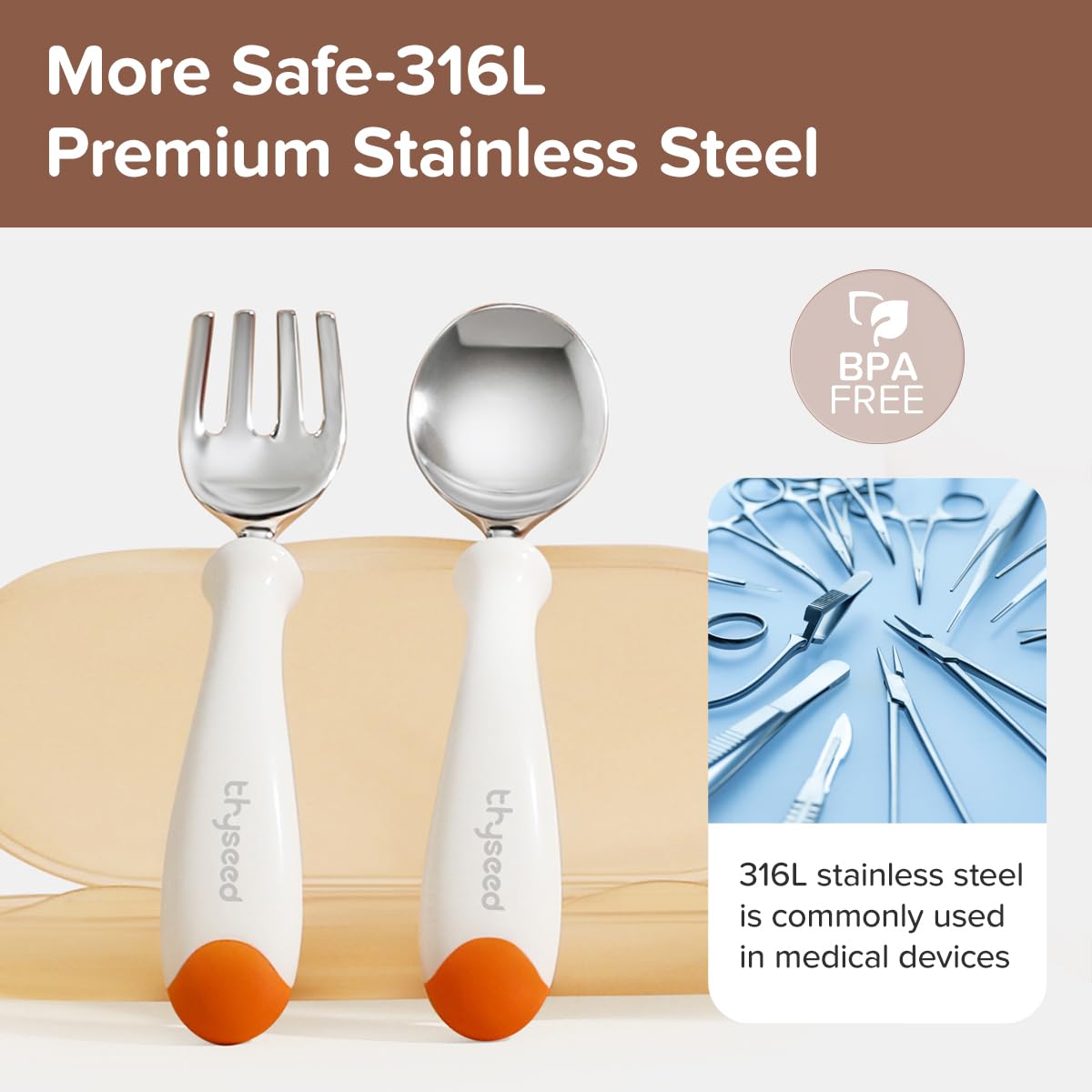 Thyseed Toddler Utensils Fork Spoon Set Kids Self Feeding Flatware with Case Stainless Steel Orange 1 Pack