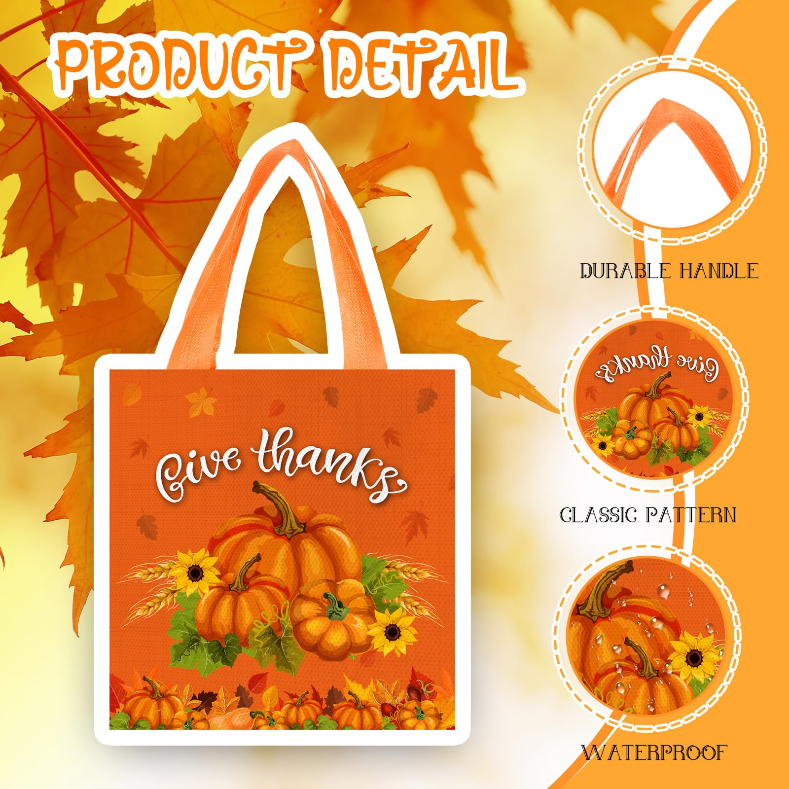 Sweetude 36 Pack Thanksgiving Non Woven Tote Bags Bulk Reusable Fall Gift Bags Pumpkin Turkey Bags with Handles Autumn Goodie Shopping Bags with Tissue Paper for Fall Thanksgiving Party Favors