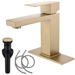 amirlans brushed gold bathroom faucet single hole, single handle stainless steel faucet for bathroom sink with pop up stopper, gold vanity faucet aml-1141-bg