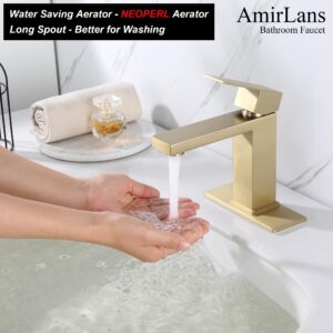 AmirLans Brushed Gold Bathroom Faucet Single Hole, Single Handle Stainless Steel Faucet for Bathroom Sink with Pop Up Stopper, Gold Vanity Faucet AML-1141-BG