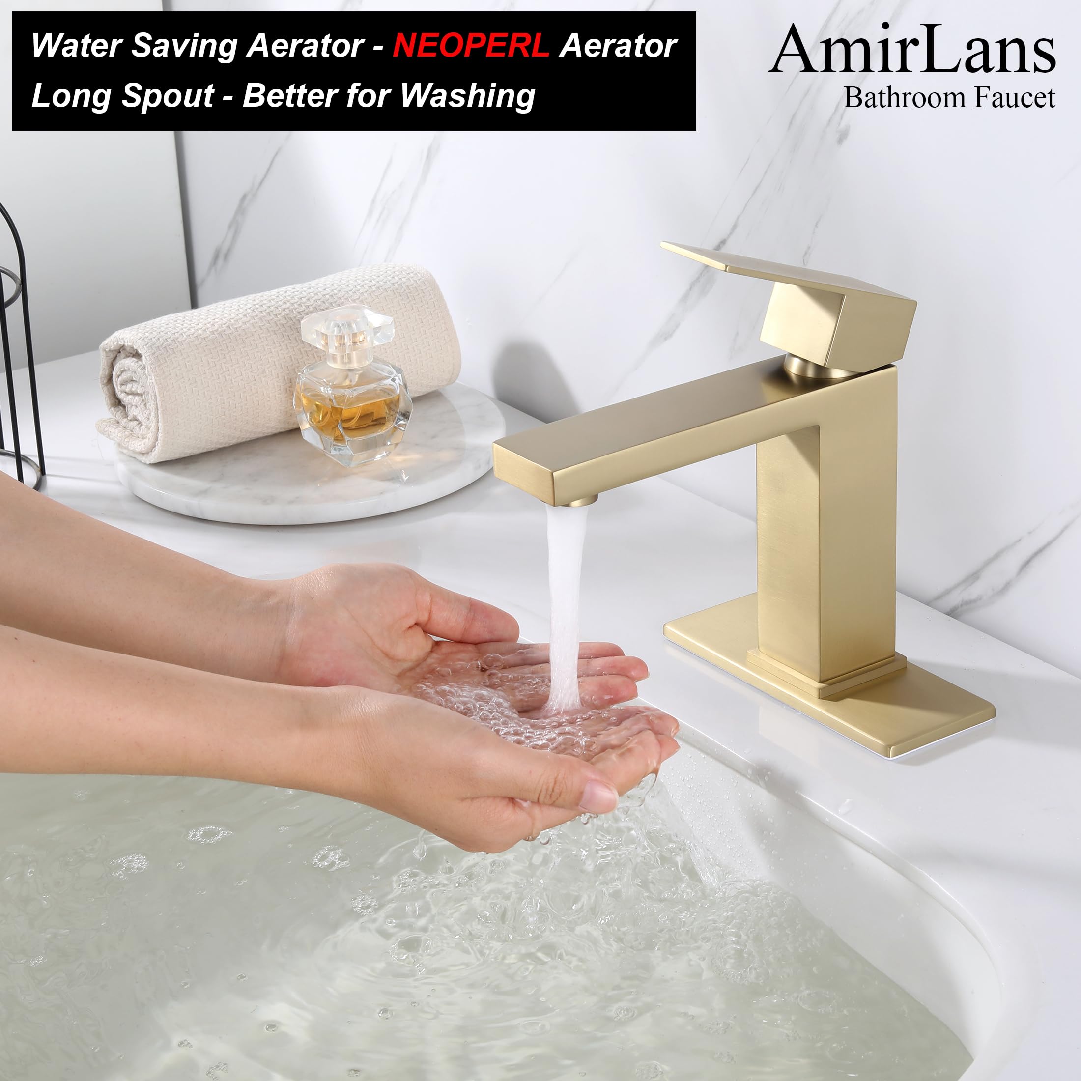 AmirLans Brushed Gold Bathroom Faucet Single Hole, Single Handle Stainless Steel Faucet for Bathroom Sink with Pop Up Stopper, Gold Vanity Faucet AML-1141-BG