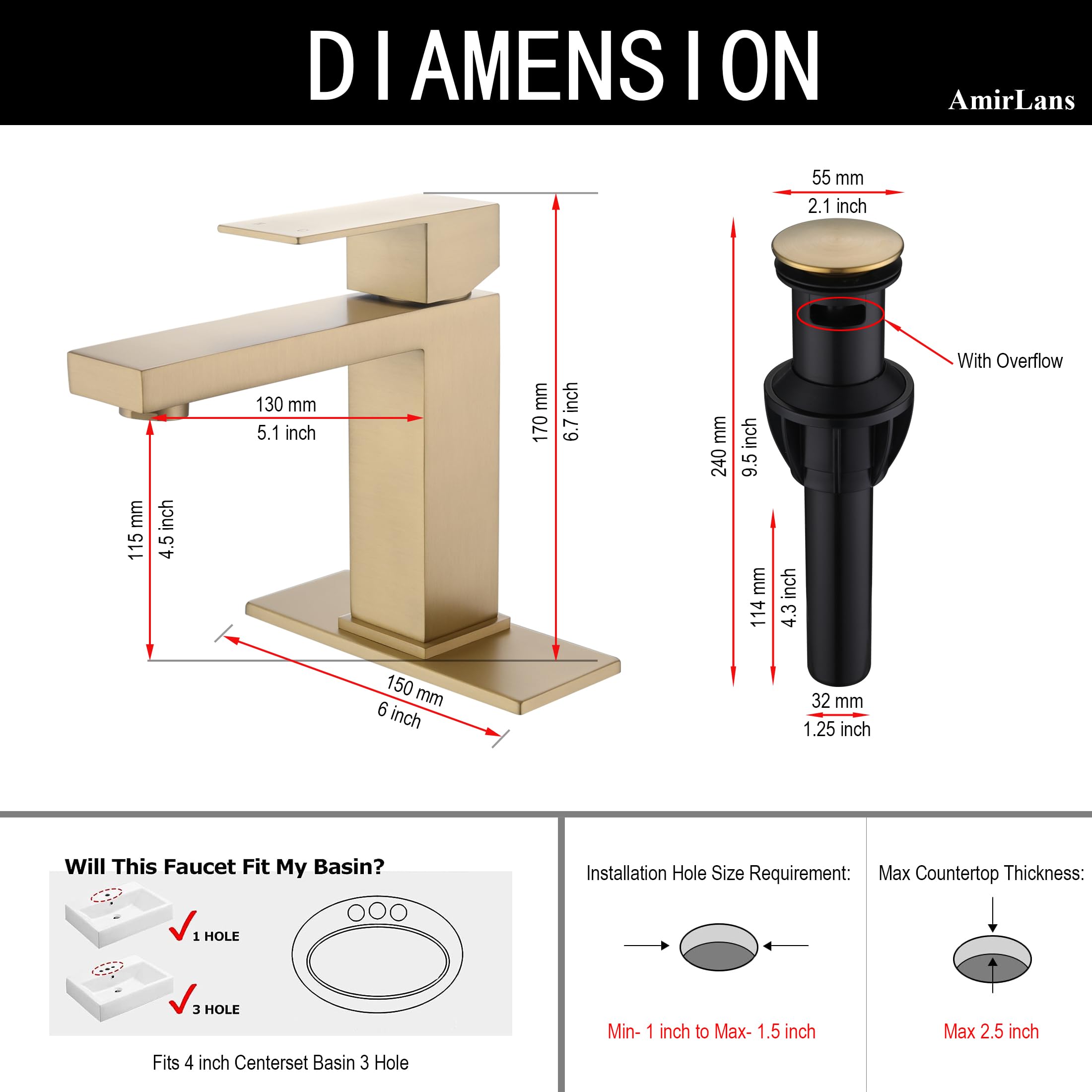 AmirLans Brushed Gold Bathroom Faucet Single Hole, Single Handle Stainless Steel Faucet for Bathroom Sink with Pop Up Stopper, Gold Vanity Faucet AML-1141-BG