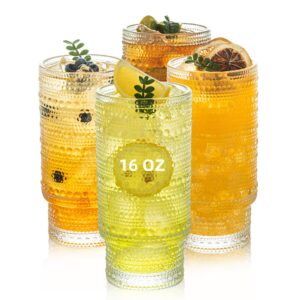 kemorela elegant highball glassware set - 16oz xl glasses - mixed drinks, iced coffee, beer, juice, water - hobnail, beaded designs - set of 4 | stylish collection for any occasion