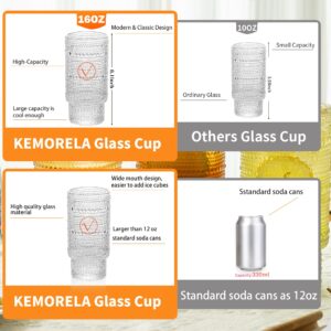 KEMORELA Elegant Highball Glassware Set - 16oz XL Glasses - Mixed Drinks, Iced Coffee, Beer, Juice, Water - Hobnail, Beaded Designs - Set of 4 | Stylish Collection for Any Occasion