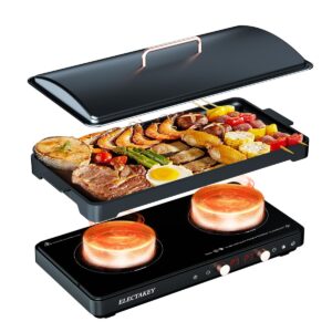 induction cooktop 2 burner with removable cast iron griddle pan non-stic,portable double induction cooktop with timer&digital temperature control,black