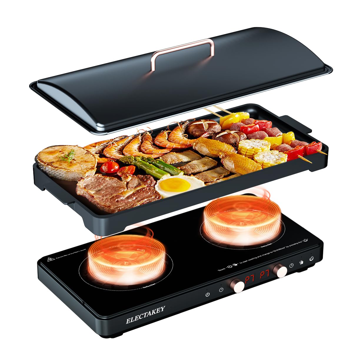 Induction Cooktop 2 Burner with Removable Cast Iron Griddle Pan Non-Stic,Portable Double Induction Cooktop with Timer&Digital Temperature Control,Black