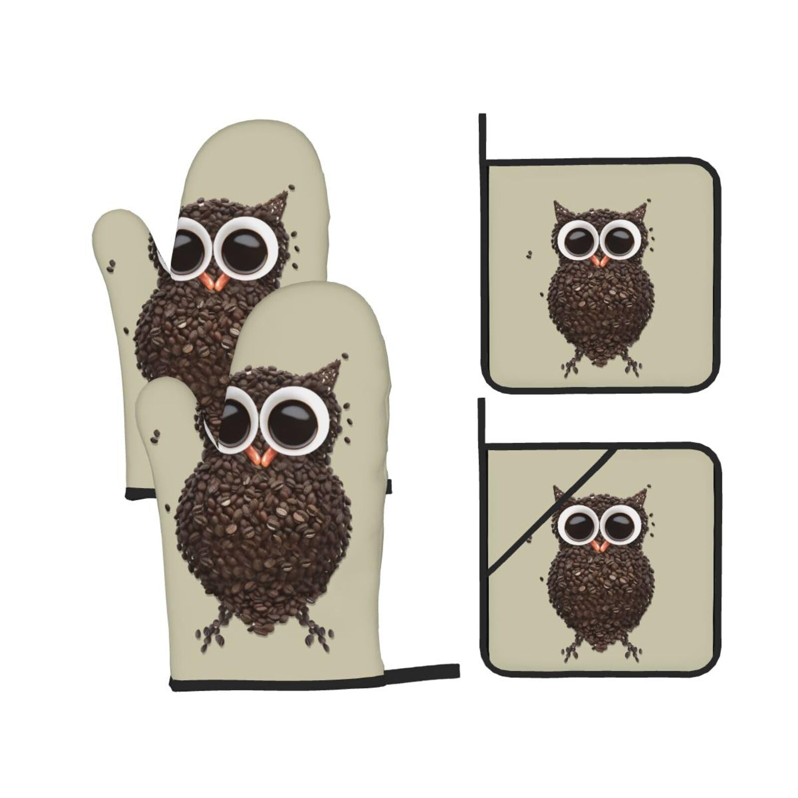 Jatcre Cute Owl Oven Mitts and Pot Holders Sets Coffee Printed Oven Gloves and Hot Pads Heat Resistant Potholder Gloves Oven Mitt 4 Piece Set for Kitchen Cooking Baking Grilling