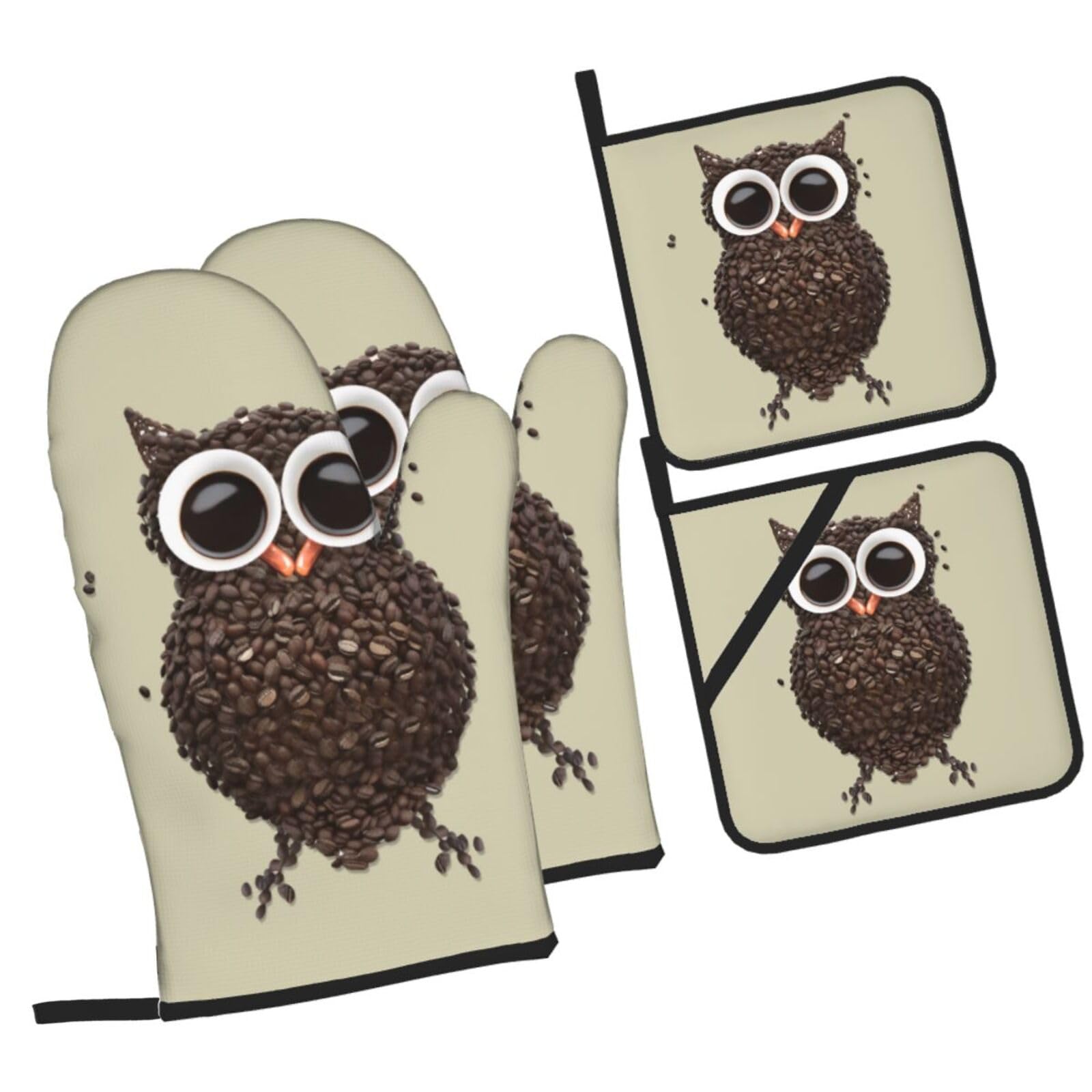 Jatcre Cute Owl Oven Mitts and Pot Holders Sets Coffee Printed Oven Gloves and Hot Pads Heat Resistant Potholder Gloves Oven Mitt 4 Piece Set for Kitchen Cooking Baking Grilling