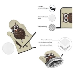 Jatcre Cute Owl Oven Mitts and Pot Holders Sets Coffee Printed Oven Gloves and Hot Pads Heat Resistant Potholder Gloves Oven Mitt 4 Piece Set for Kitchen Cooking Baking Grilling