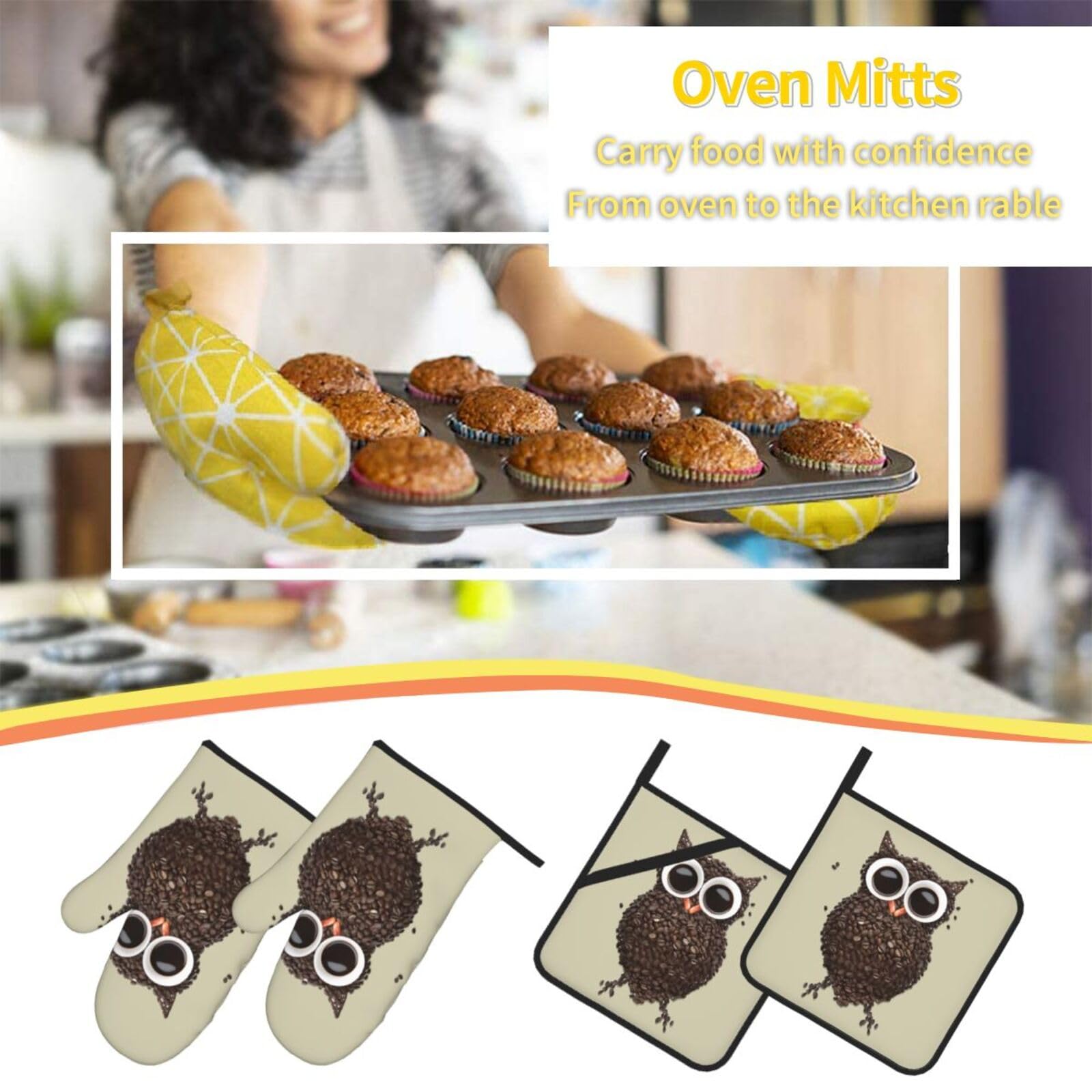 Jatcre Cute Owl Oven Mitts and Pot Holders Sets Coffee Printed Oven Gloves and Hot Pads Heat Resistant Potholder Gloves Oven Mitt 4 Piece Set for Kitchen Cooking Baking Grilling