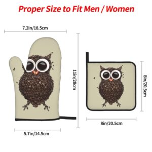 Jatcre Cute Owl Oven Mitts and Pot Holders Sets Coffee Printed Oven Gloves and Hot Pads Heat Resistant Potholder Gloves Oven Mitt 4 Piece Set for Kitchen Cooking Baking Grilling