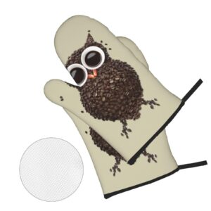 Jatcre Cute Owl Oven Mitts and Pot Holders Sets Coffee Printed Oven Gloves and Hot Pads Heat Resistant Potholder Gloves Oven Mitt 4 Piece Set for Kitchen Cooking Baking Grilling