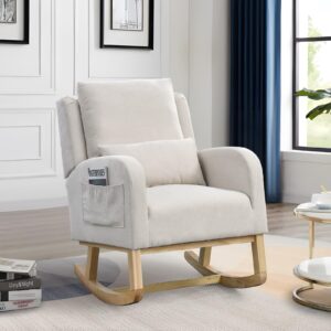 rocking glider chair for nursery, wingback accent rocker chair upholstered tall back arm chair w/side pockets, modern leisure single sofa for living room, hotel, bedroom, baby room, beige