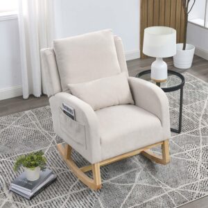 Rocking Glider Chair for Nursery, Wingback Accent Rocker Chair Upholstered Tall Back Arm Chair w/Side Pockets, Modern Leisure Single Sofa for Living Room, Hotel, Bedroom, Baby Room, Beige