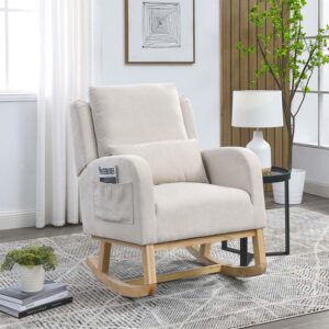 Rocking Glider Chair for Nursery, Wingback Accent Rocker Chair Upholstered Tall Back Arm Chair w/Side Pockets, Modern Leisure Single Sofa for Living Room, Hotel, Bedroom, Baby Room, Beige